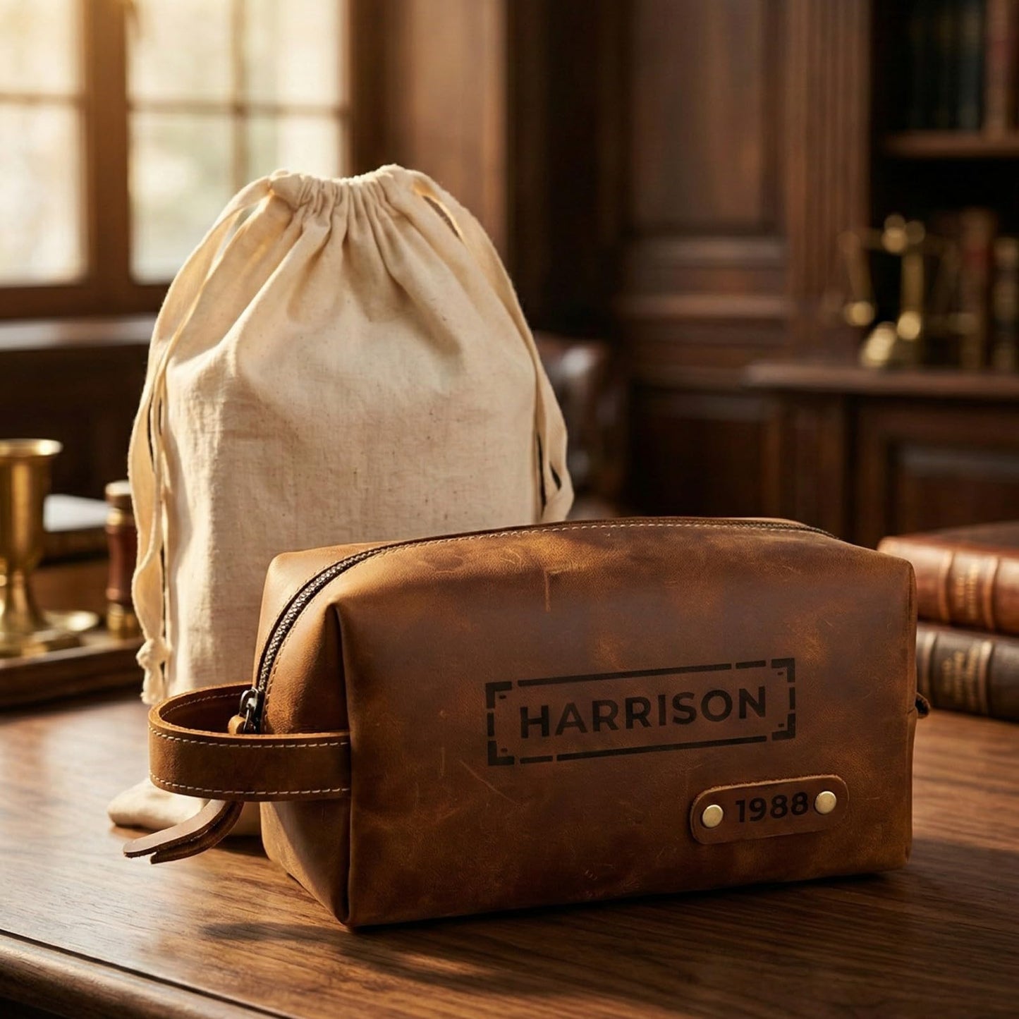 Personalized Toiletry Bag for Men – Genuine Leather Dopp Kit with Custom Engraved Name or Initials – Travel Shaving Bag Gift for Dad, Husband, Groomsmen, Boyfriend, Christmas, Birthday, Anniversary