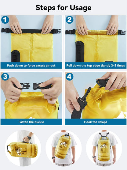 HEETA Dry Bag Waterproof for Women Men, Roll Top Lightweight Dry Storage Bag Backpack with Phone Case for Travel Swimming Boating Kayaking Paddle Board Camping Beach Accessories (Yellow, 10L)