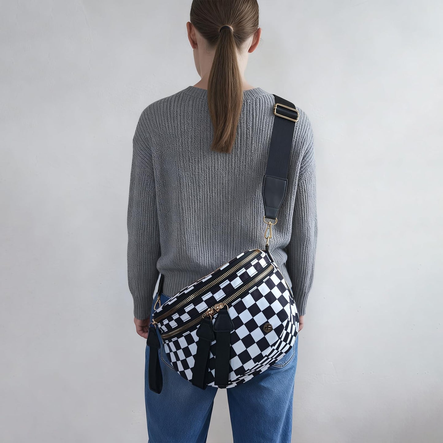 Security Carry Bum Bags Checkered Crossbody Fanny Packs Diaper Bag with RFID Pouch for CCW, EDC& Outdoor (Black+white)