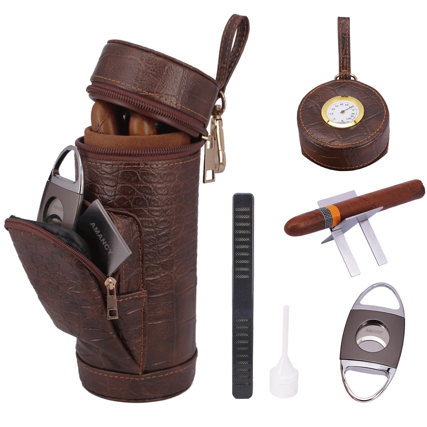 AMANCY Classy Cylindrical Hand Carry Cigar Case with Premium Cutter and Rest, Cedar Wood Lined Travel Cigar Holder Humidor kit with Built-In Hygrometer, Long Humidifier, and Dropper