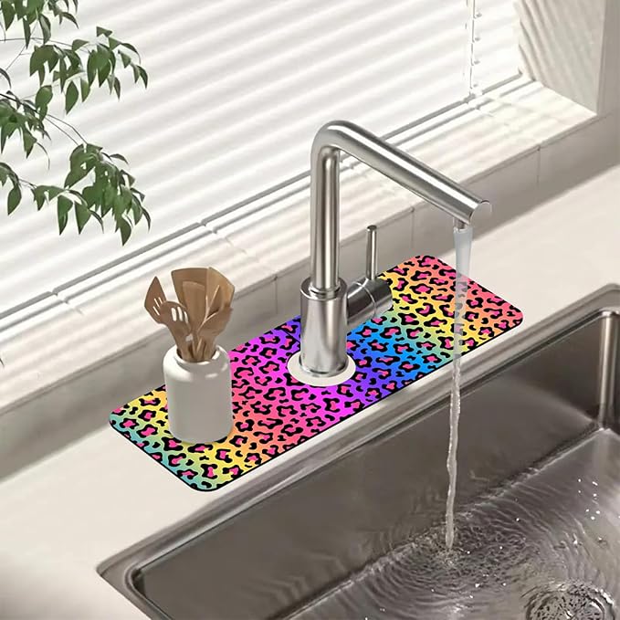 Sink Faucet Absorbing Mat Rainbow Colored Leopard Print Sink Splash Guard