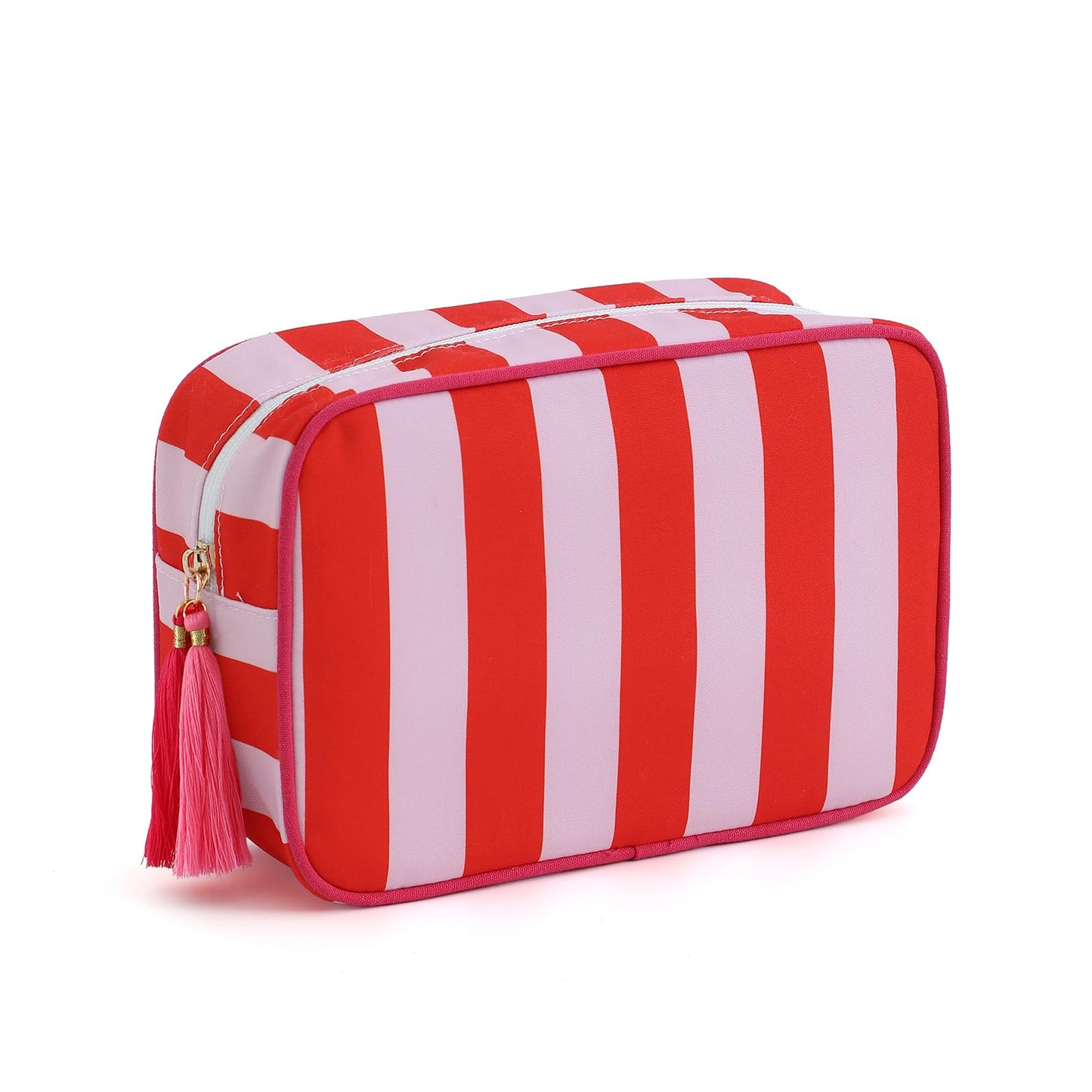 EMBRUNIOICE Stripe Makeup Bag Travel Cosmetic Bag Organizer Tassel Toiletry Bag Large Canvas Zipper Pouch and Accessories Storage Bag for Women (Red with Pink)