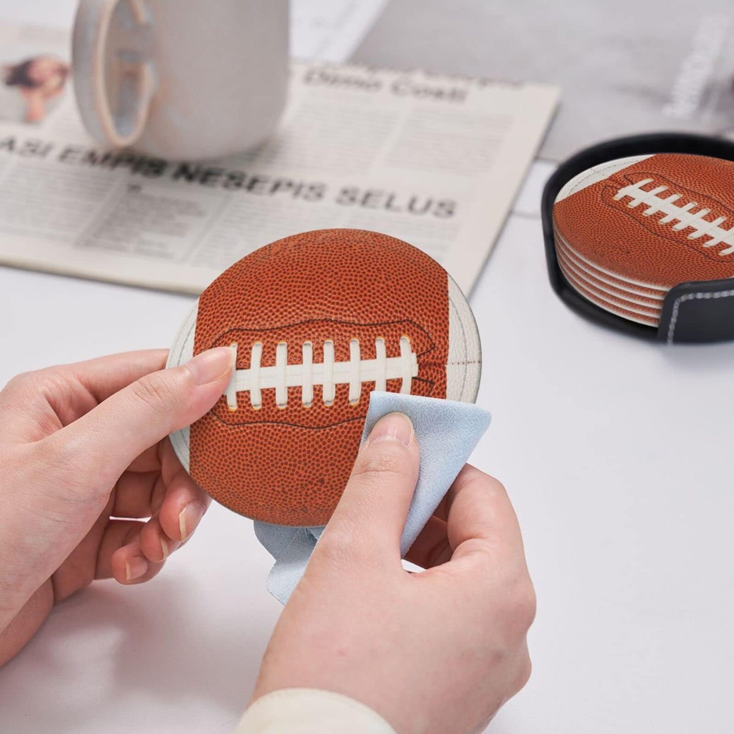 sunwarshile Football Coasters for Drinks with Holder Round Leather Coasters Set of 6 Cups Mugs Mat Pad for Home Kitchen Bar