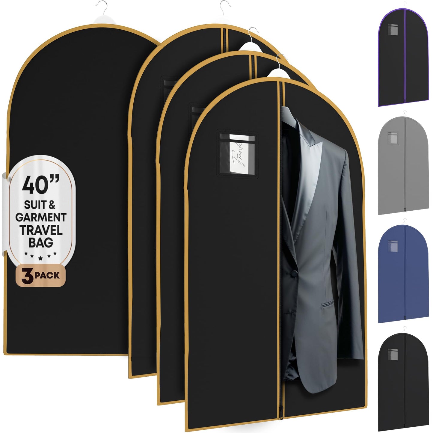 Your Bags Travel Garment Bag – Zippered Single Suit Bag – Water-Resistant Clothes Cover - Hanging Garment Bags for Travel with ID Pocket – 40" x 24" - Black With Gold Trim (Pack of 3)
