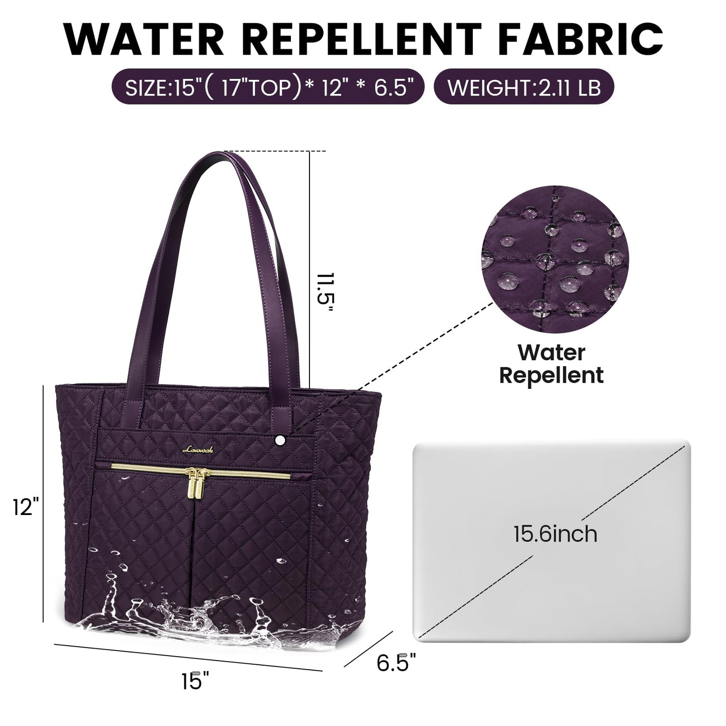 LOVEVOOK Laptop Bag for Women, Stylish Diamond Quilted Work Tote with Clutch Purse, 15.6-inch Purple Tote