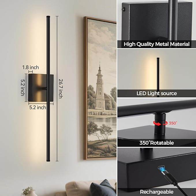 Battery Operated Wall Sconces Set of 2, Wall Sconce with Remote Control, 26.7 Inch 3000K-6000K Dimmable Wireless Rechargeable Sconce,Wall Lights for Bedroom, Living Room, Hallway(Black)