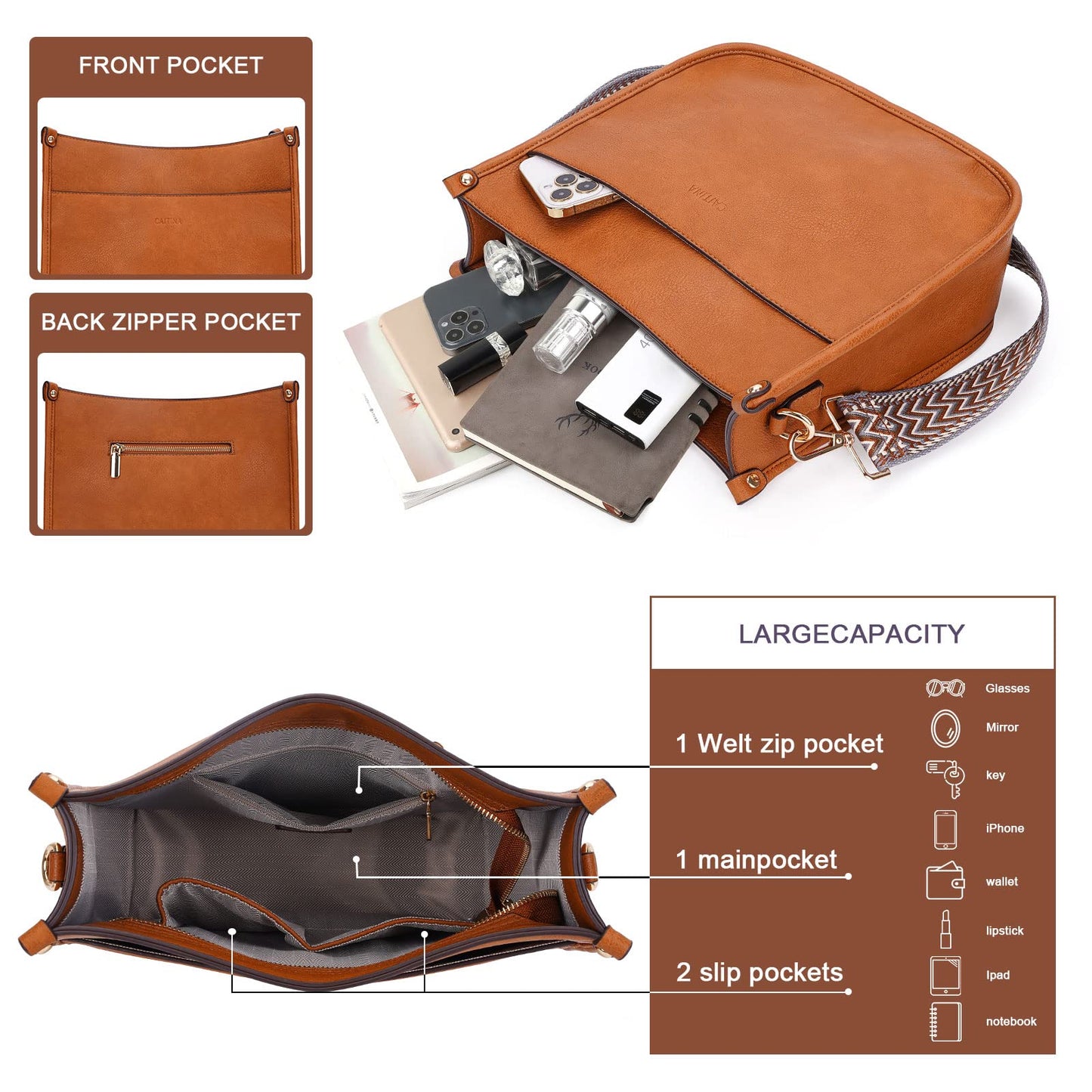 Caitina Crossbody Bag For Women Vegan Leather Hobo Handbag Designer Crossbody Bucket Bag Shoulder Purse For Women with 2 Adjustable Strap(DreamyBrown