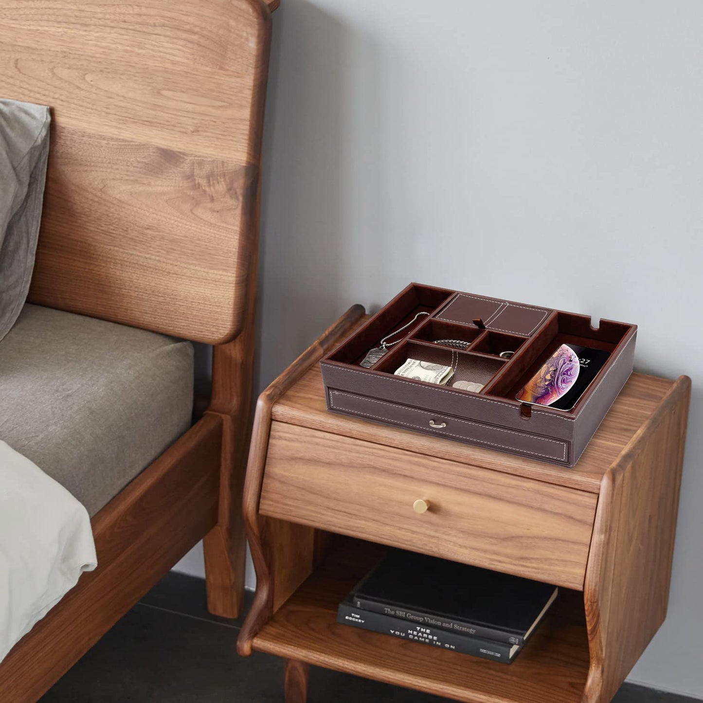 Baoyun Valet Tray for Men, 2 Layers Nightstand Organizers for Men and Women, Leather Jewelry Storage Box, Mens Dresser Top Organizer, Catch All for Jewelry Key Wallet and Phone (Brown)