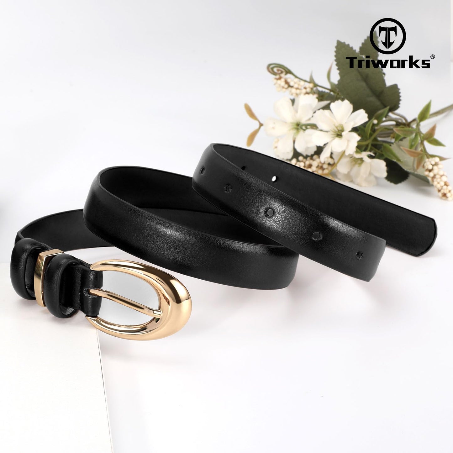 TRIWORKS Women Leather Belt for Jeans Pants Fashion Ladies Skinny Faux Leather Dress belt with Gold Buckle