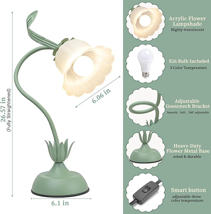 Vintage Flower Table Lamp, 3 Color Temperature Flexible Gooseneck Cute Desk Lamp for Bedroom, Kawaii Nightstand Bedside Lamps for Living Room, Dorm, Office, Home Decor (Green)