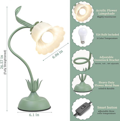 Vintage Flower Table Lamp, 3 Color Temperature Flexible Gooseneck Cute Desk Lamp for Bedroom, Kawaii Nightstand Bedside Lamps for Living Room, Dorm, Office, Home Decor (Green)