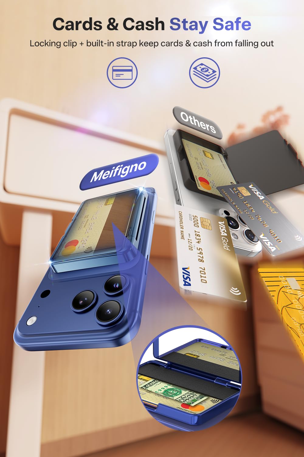Meifigno Strong Magnetic Phone Wallet with Mirror & Kickstand, Magnetic Phone Card Holder (3-4 Cards & Cash) Compatible with iPhone 17/16/15/14/13/12 Series, Metal Plating Glossy, Deep Blue