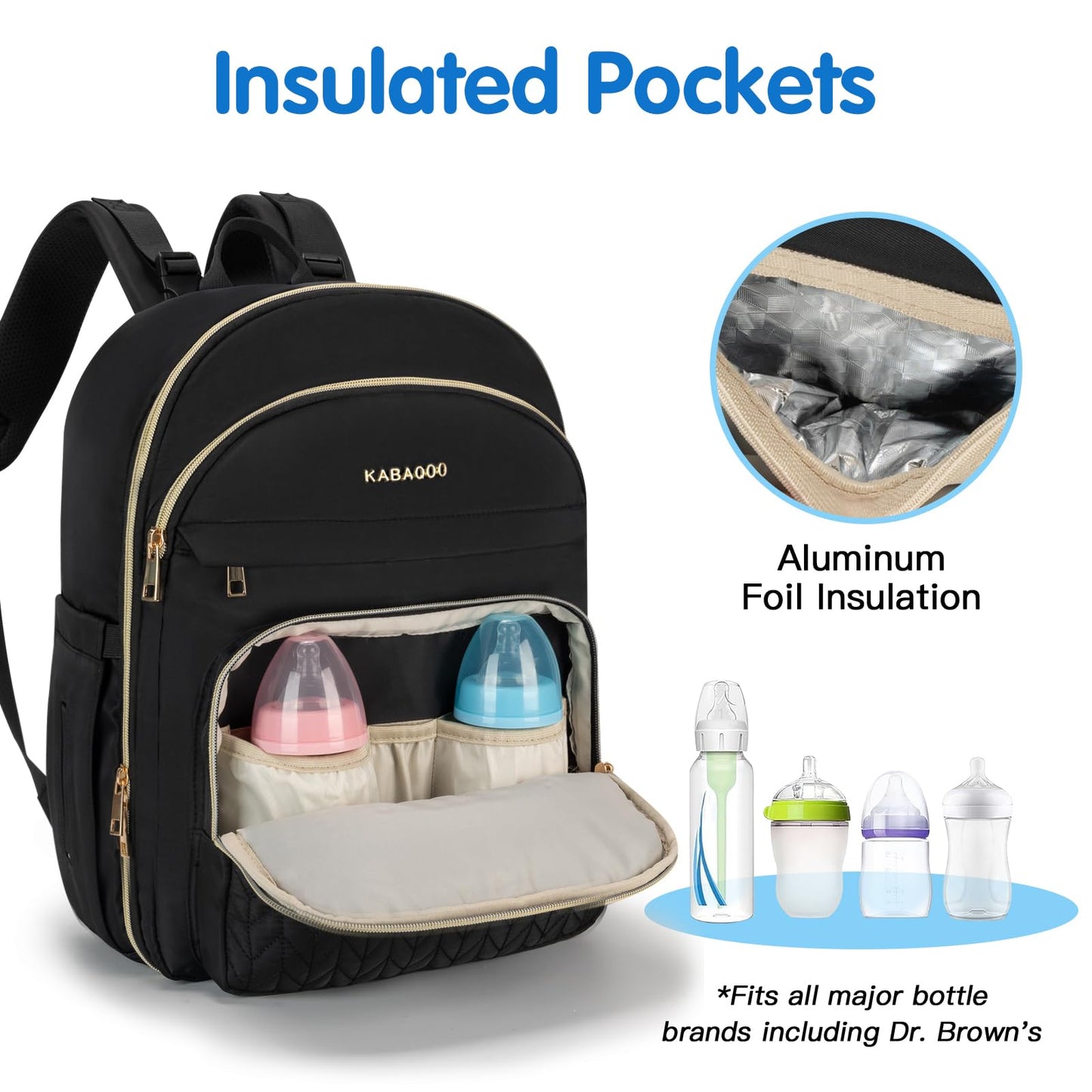 KABAQOO Baby Diaper Bag Backpack, Waterproof Diaper Backpack for Mom & Dad with Changing Pad, Insulated Pockets and Stroller Straps, Baby Shower Gifts for Girls & Boys, Black