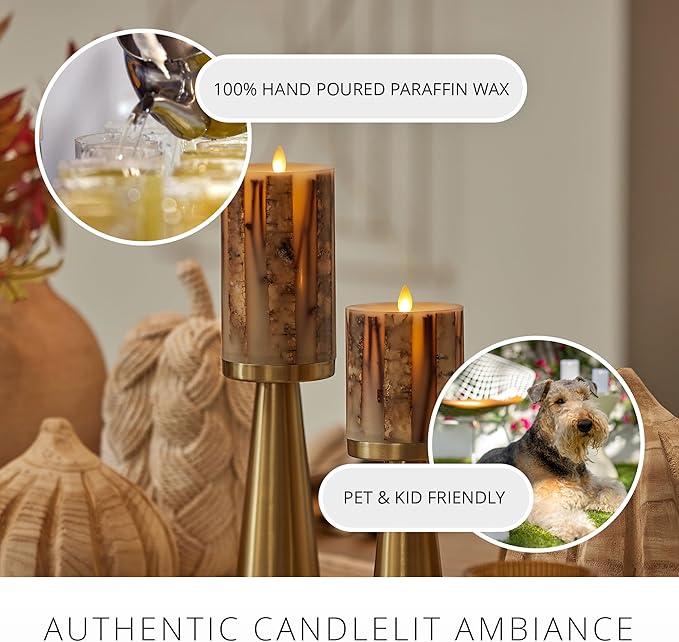 Luminara Embedded Birch Twigs Flameless LED Candle, 3.5" x 4.5", Moving Flame Real Wax Unscented, Battery Operated, Decorative Home Lighting Safe