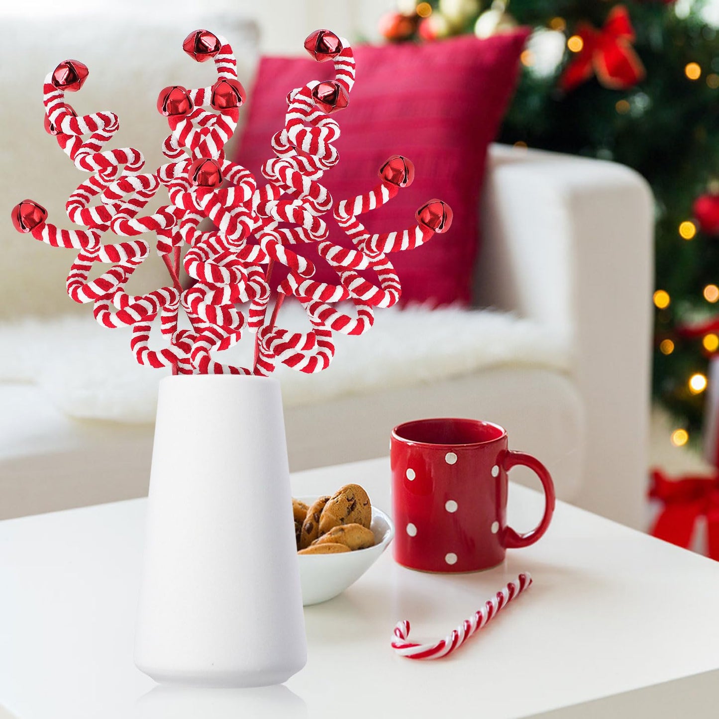 RINOLY 6 Pcs Christmas Tree Topper,17 in Red/White Candy Cane Christmas Decorations, Curly Christmas Tree Picks Gingerbread Tree Picks Candy Cane Ornaments Holiday Decors Vase Filler