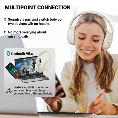 Edifier V80 Hybrid Active Noise Cancelling Headphones, True Wireless Over Ear Bluetooth Headset with 45H Playtime Hi-Res Audio Fast Charging Multipoint Connection for Travel Home Office - Ivory