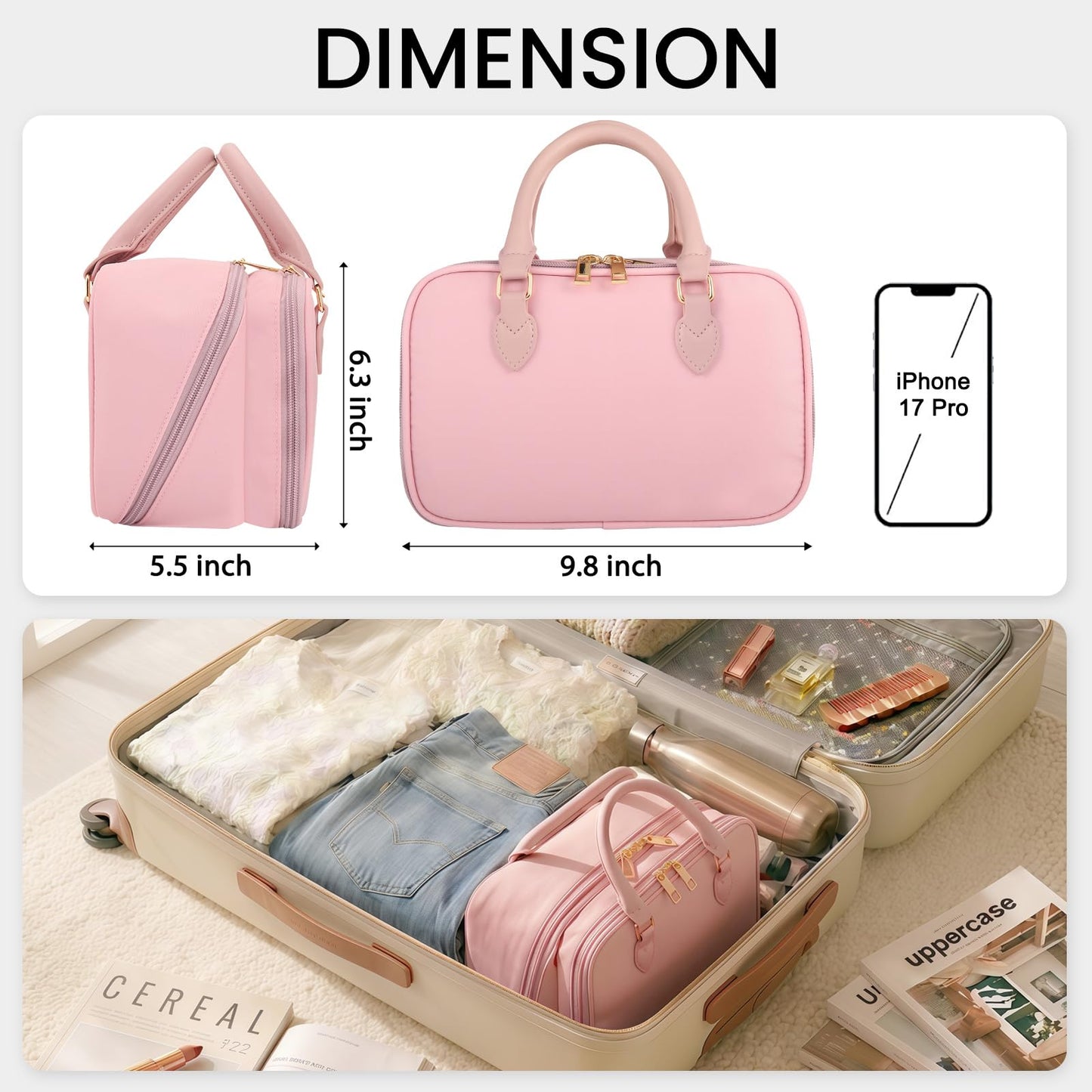 Travel Makeup Bag for Women Fashion Large Capacity Pouch Open Flat Cosmetic Portable Organizer Waterproof Large Opening Storage Toiletry Bags Vertical Free-Standing Brush Holder for Easy Access Pink
