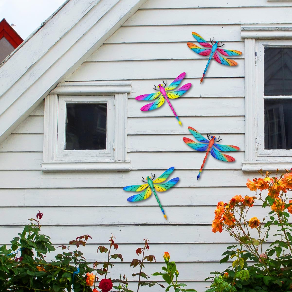 Large Metal Dragonfly Wall Decor, 4 Pack 13 inch Metal Dragonflies Wall Art Hanging Sculpture Decorations for Outdoor, Yard Patio Fence Garden Outside Decor