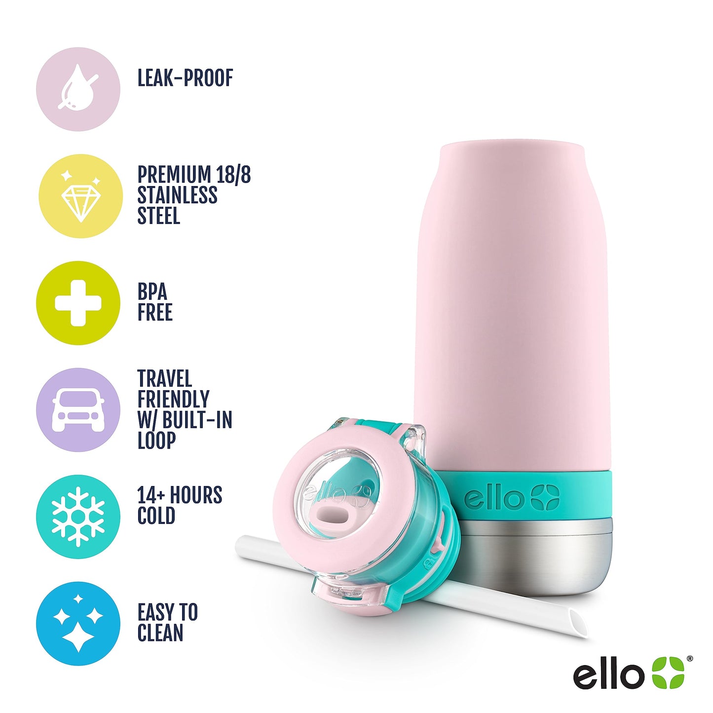 Ello Emma 14oz Vacuum Insulated Stainless Steel Kids Water Bottle with Straw and Built-in Carrying Handle and Leak-Proof Locking Lid for School Backpack, Lunchbox and Outdoor Sports, Cotton Candy