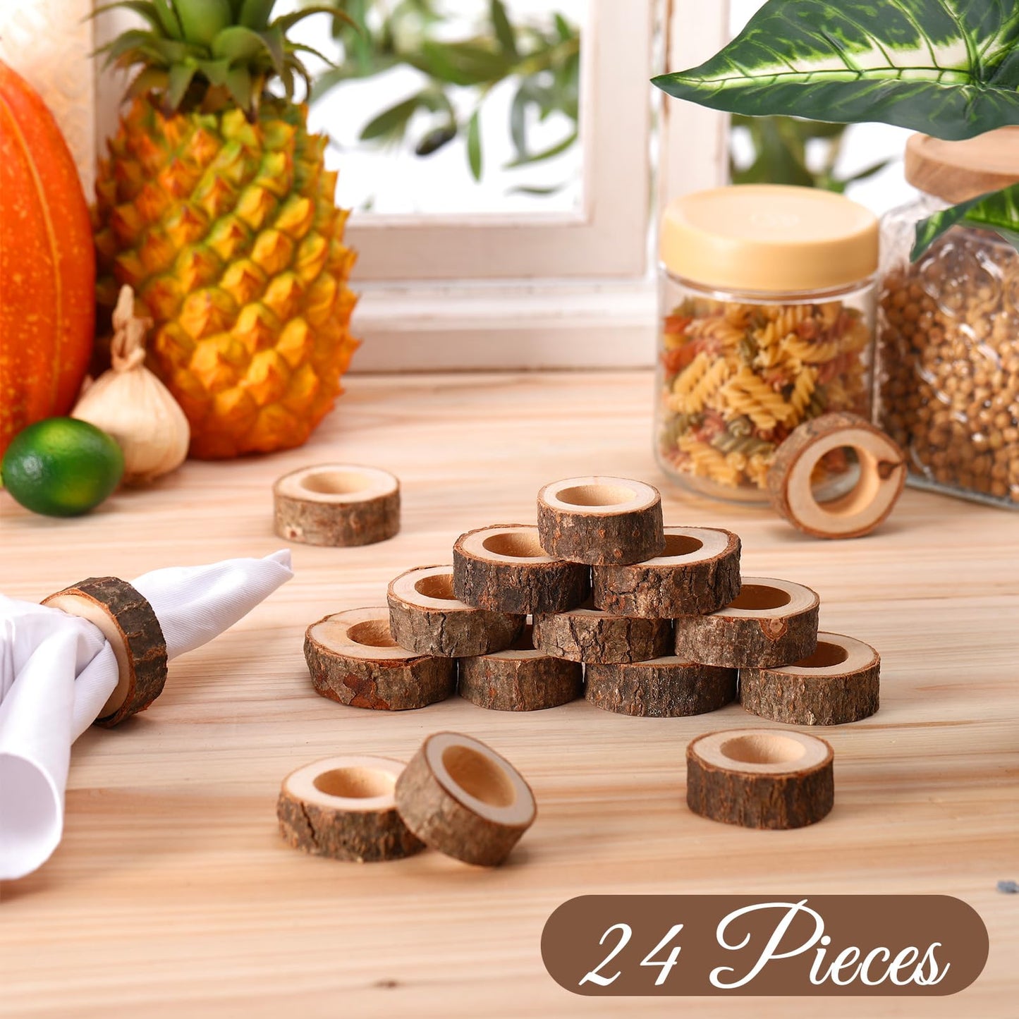 Tessco of Fun Set of 24 Wooden Bark Napkin Ring Handcrafted Wooden Napkin Holder Rustic Napkin Rings Buckles Party Gift Farmhouse Table Decoration for Dining Wedding Birthday, Everyday