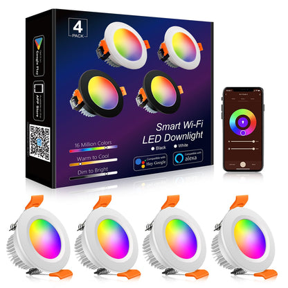 YGS-Tech Smart 3 Inch LED Recessed Lighting RGB WiFi Downlight, 5W Compatible with Alexa and Google Home, Dimmable RGB & CCT 2700-6500K Color Changing, 120V Ceiling Light with LED Driver (4 Pack)