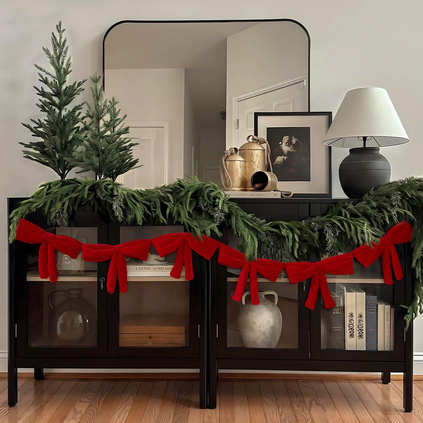 Christmas Decorations - 6 Ft Red Velvet Bow Garland - Xmas Decor for Mantel Fireplace Shelf Cabinet Stand Door Window Frame Bedroom Living Room Home Entryway Indoor Holiday Decoration