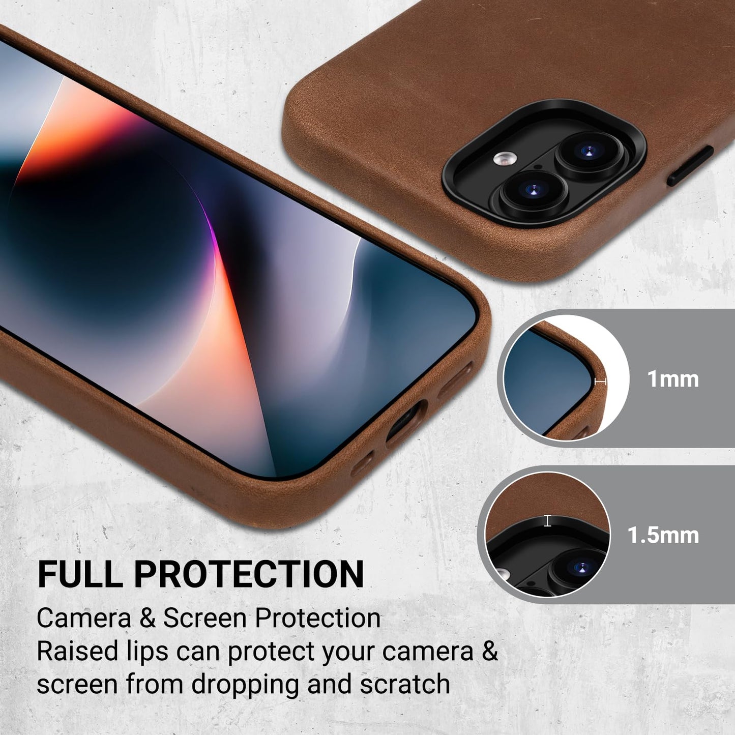 Belemay Handcrafted Crazy Horse Leather Case for iPhone 16, Compatible with MagSafe, Vintage Aesthetic, Two-Tone Effect, Unique Patina, Camera Control Button, Metal Buttons (6.1"), Vintage Brown