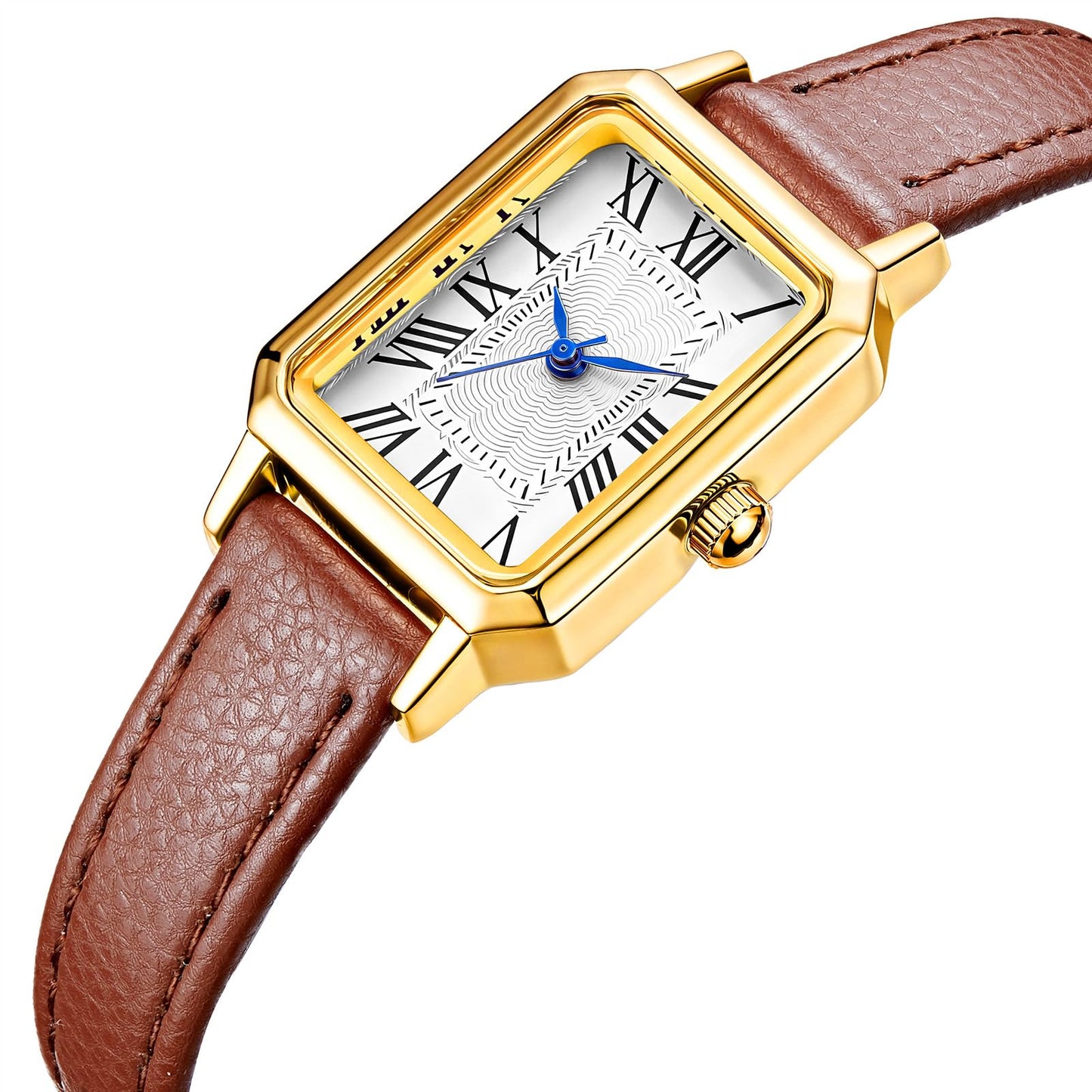 BESTKANG Leather Strap Watches for Women Elegant Dainty Ladies Watch Vintage Rectangle Women Quartz Wrist Watch (Brown Gold White)