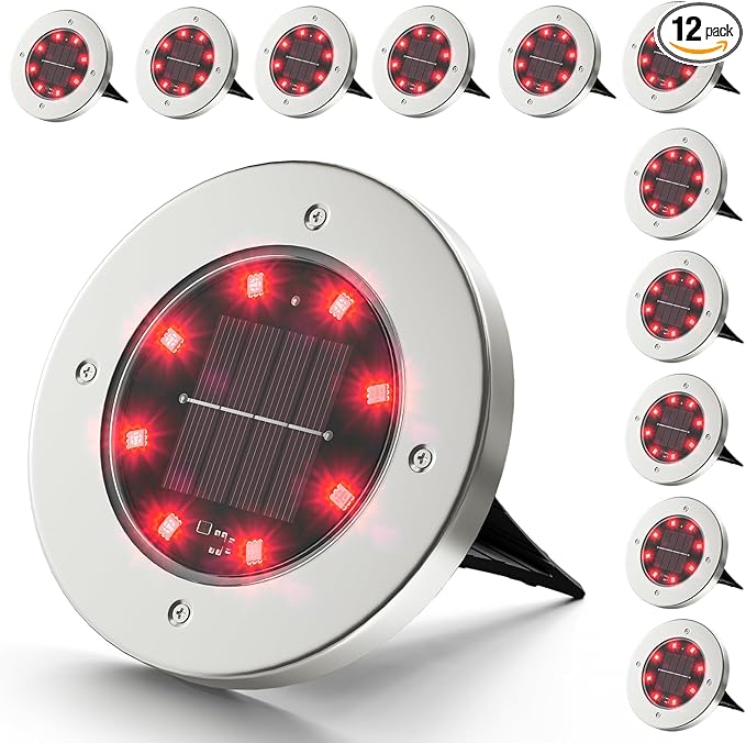 INCX Halloween Solar Lights Outdoor,12 Pack Solar Pathway Lights with Auto On/Off，Waterproof & Anti-Rust Landscape Lighting for Garden, Yard, Patio, Deck - Halloween Decorations,Red