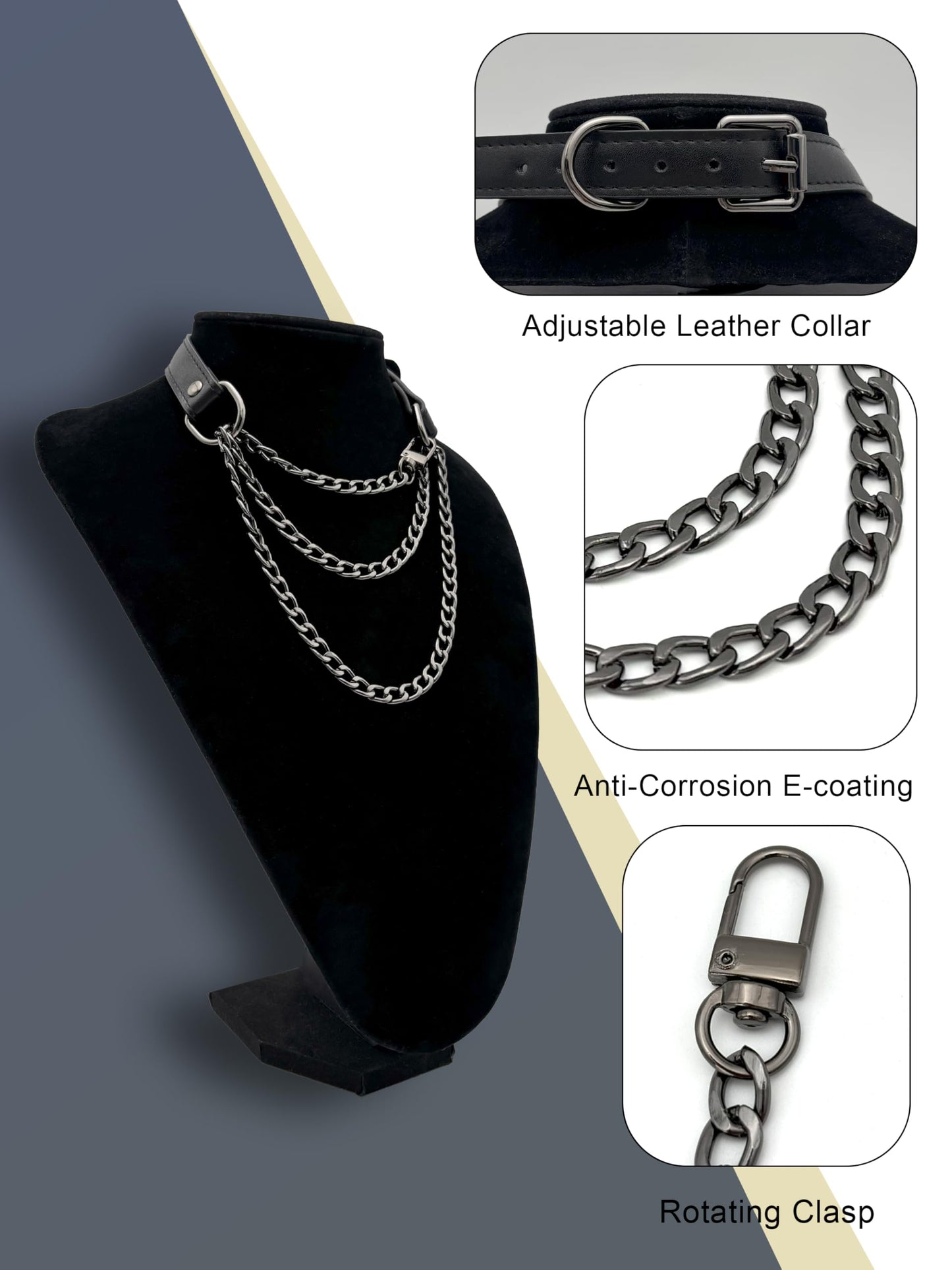 EverGlimp Handmade Black Vegan Leather Choker Collar For Women, Adjustable Triple-Layer Slip Chain Necklace