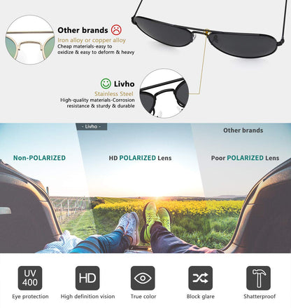 livho Sunglasses for Men Women Aviator Polarized Metal Mirror UV 400 Lens Protection (All black & Gold Black)