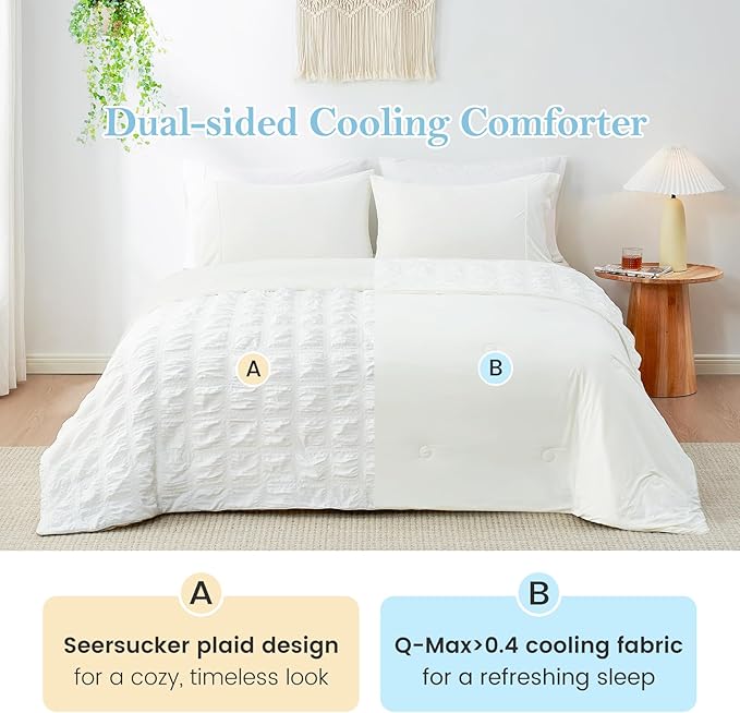Cozy Bliss Cooling Comforter Full Size Seersucker Plaid, Q-Max 0.4 Reversible Lightweight Cooling Blanket, Breathable Silk Smooth Summer Bedding Quilt for Hot Sleepers Night Sweats White