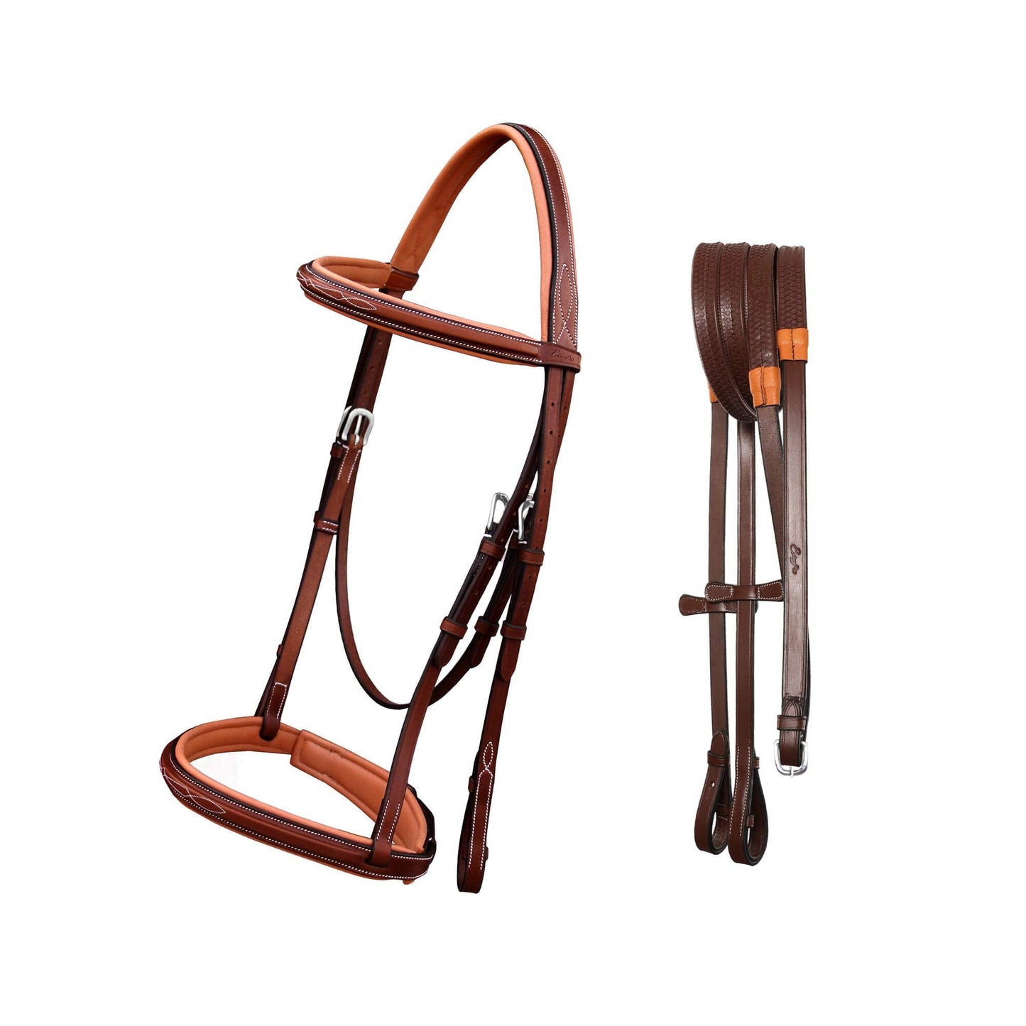 Exion English Hunter Bridle with Designer Stitched Browband & Hunter Noseband – Anatomical Mono Crownpiece, Padded Noseband, Rubber Reins – Horse, Cob, Pony, Oversize – Black, Havana, Oak Brown