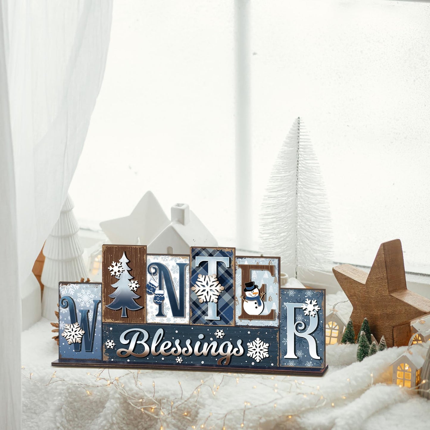 Amyhill Winter Table Decoration Merry Winter Tiered Tray Decor Reversible Centerpiece Decorative Snowman Snowflake Santa Claus Gingerbread Block Signs Farmhouse Christmas Decoration for Kitchen Shelf