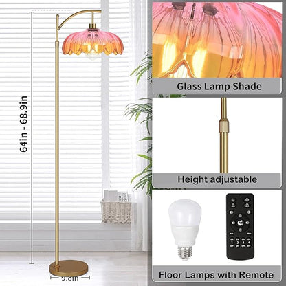 Floor Lamp for Living Room,Bedroom,Gold Dimmable Standing Lamp with Remote,Mid Century Modern Brass Tall Lamp Retro Vintage Glass Lamp Floor Light Boho Bohemian