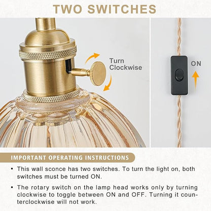 Plug in Wall Sconce, Vintage Sconce Light with Tulip Amber Glass Lampshade, 180° Adjustable Wall Sconce with Switch and Plug in Wall Lamp Cord, Gold Wall Light for Bedroom Bedside
