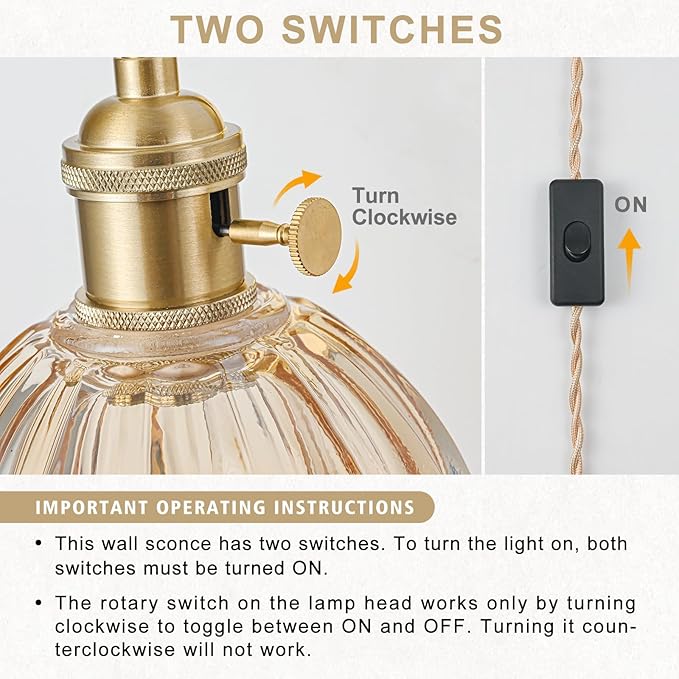 Plug in Wall Sconces Set of 2, Vintage Wall Sconce Light with Tulip Amber Glass Lampshade, 180° Adjustable Wall Sconce with Switch and Plug in Wall Lamp Cord, Gold Wall Light Decor Set of 2