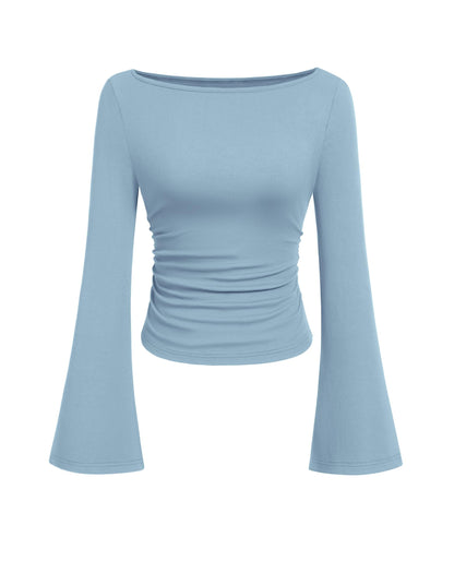 PRETTYGARDEN Women's Long Sleeve Shirts 2025 Fall Crop Going Out Tops Casual Boat Neck Bell Sleeve Ribbed Ruched Y2K Clothes
