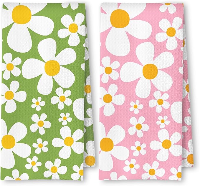 70s Retro White Daisy Floral Kitchen Towels Set of 2, Floral Aesthetic