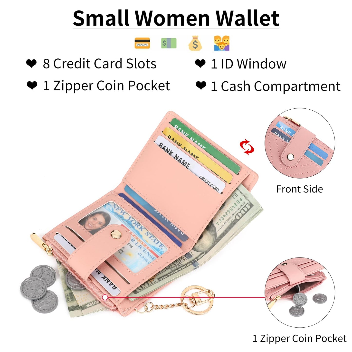 GAEKEAO Slim Wallet for Women, RFID Blocking Credit Card Holder Bifold Wallet with Zipper Coin Pocket, ID Window