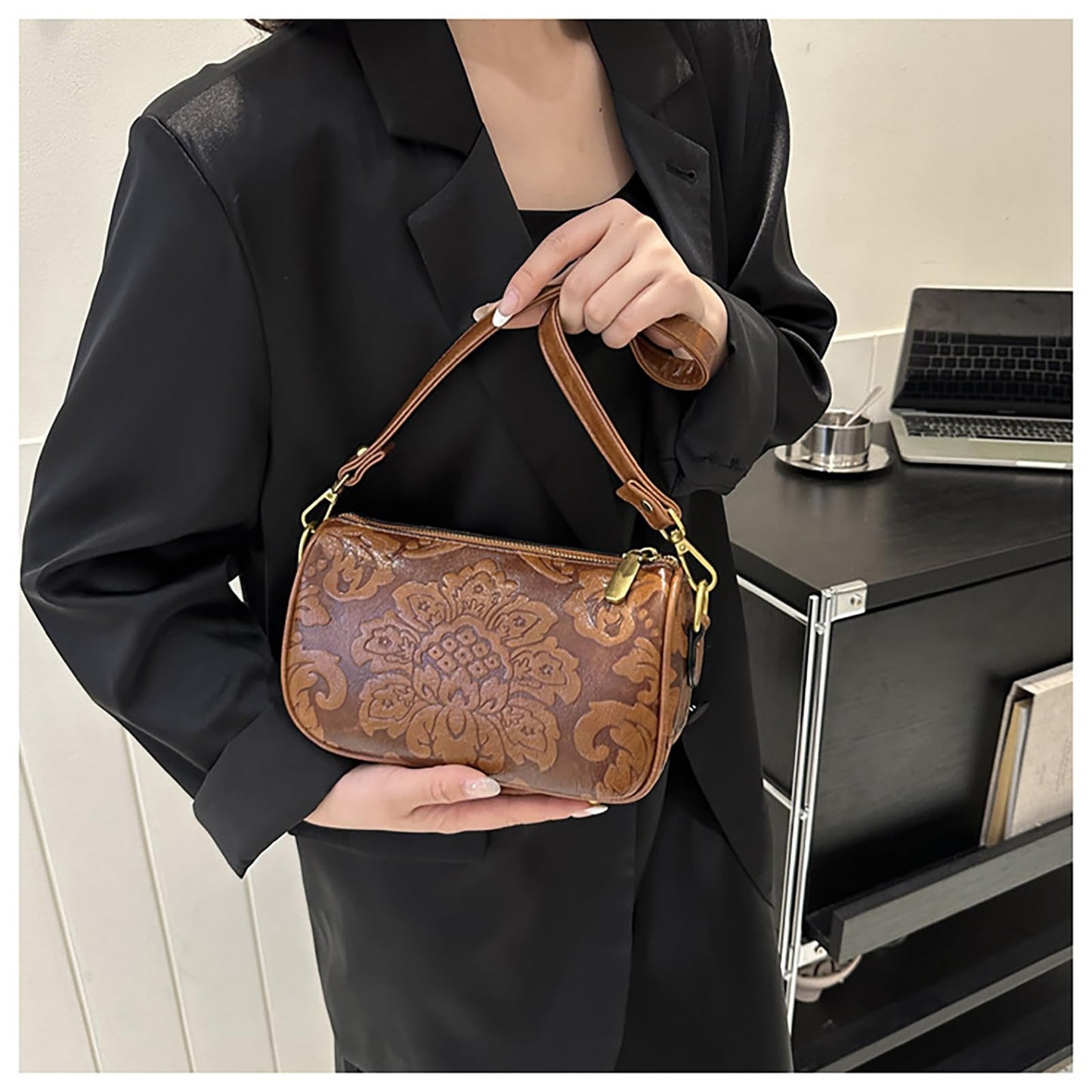 KJDFHNB Small Western Crossbody Bag for Women Trendy Wide Strap Shoulder Bags Design Floral Shoulder Cluth Purse Bag and Handbag (brown)