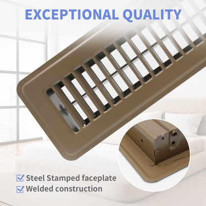 Howeall 2 Pack 2" x 10" Floor Register - Heavy Duty Steel Walkable Floor Vents - Easy Adjust Air Supply Lever - Vent Covers for Home (Brown)