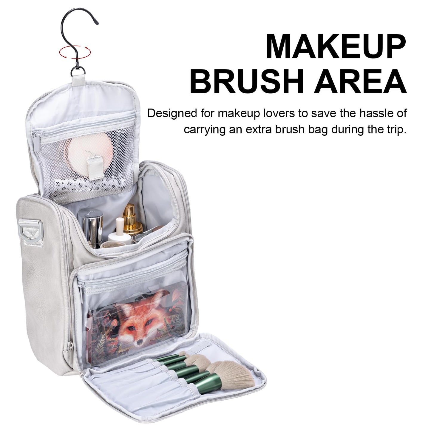 BOOMRICH Large Toiletry Bag for Women, Hanging Leather Travel Makeup Bag with 360° Hook and Shoulder Strap, Travel Organizer for Full Sized Container, Toiletries, Brushes (Grey)