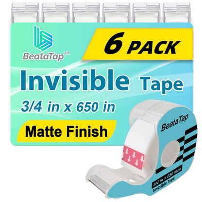 BeataTap Tape, Invisible Tape for Gift Wrapping, 6 Rolls+6 Refillable Dispensers, Matte Finish, Writable, 3/4″x 650″, Clear Tapes for Christmas Wrapping Paper, Office&School Supplies
