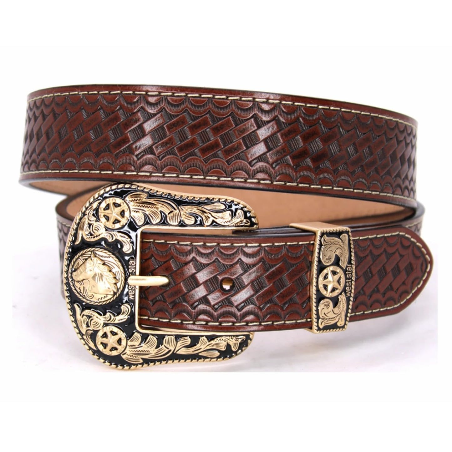 West Star Texas Cowboy Belt for Men - Genuine Leather Western Belt with Engraved Buckle, Country Rodeo Style (Coffee Basketweave, M)