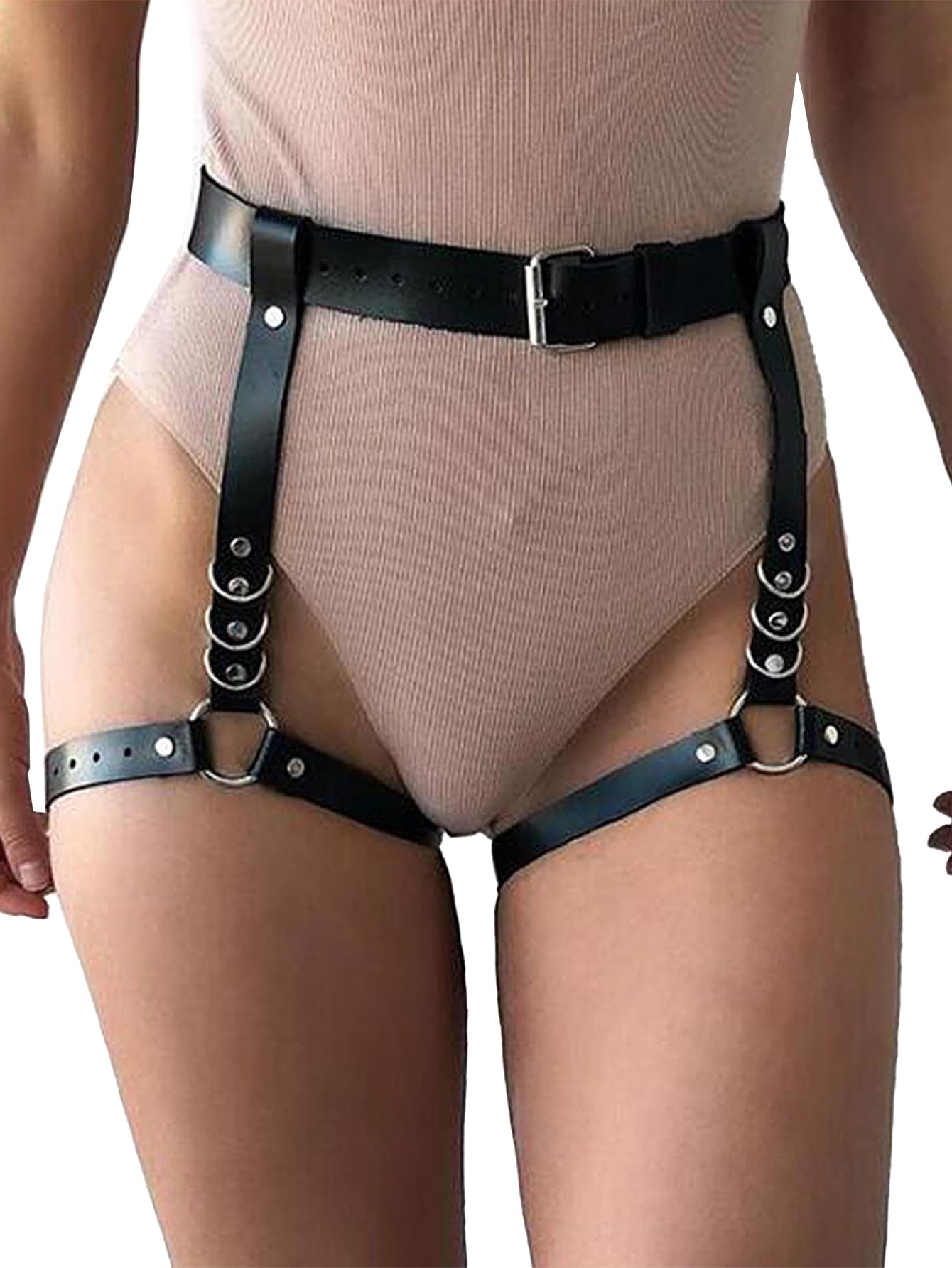 KJSUHFN Women's Garter Belts Punk Leather Adjustable Body Harness (Black, One Size)