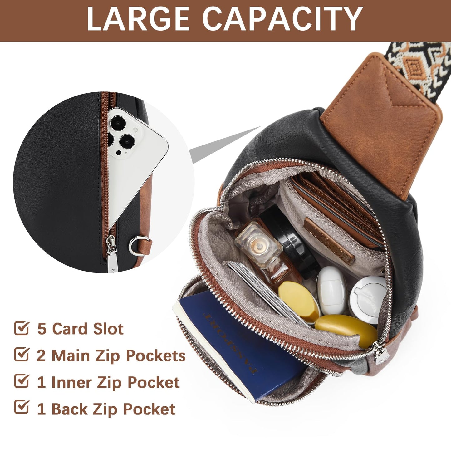 BOSTANTEN Sling Bag for Women Leather Crossbody Bag Vintage Cross Body Purse for Travel with Guitar Strap, Bohemian Style