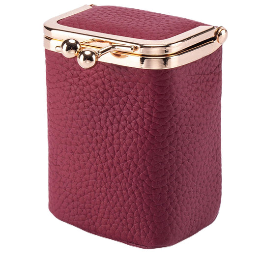 Axcvveiyi Genuine Leather Lipstick Case with Mirror, Travel Mini Durable Soft Cosmetic Bag for Women,Retro Kiss Lock Toiletry Bag Suitable Daily Touch-up (Wine Red)