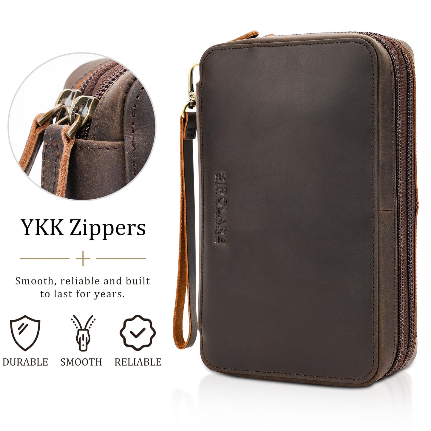 Polare Full Grain Leather Cable Organizer Travel Case Double Layers Electronics Accessories Carry Bag with YKK Zippers All-in-One Tech Storage Pouch for Cords, Power Bank, USB, Charger