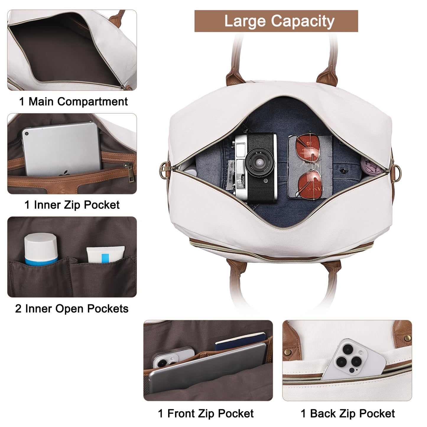 CLUCI Duffle Bag Weekender Bags for Women Canvas Anti Theft Travel Bag for Women Overnight Tote Carry On Bags with Shoe Compartment White with Brown
